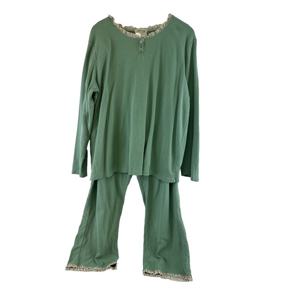 Orvis Cotton Pajama Set Green Ruffle Trim Long Sleeves Pants Stretch Womens XL - Picture 1 of 16
